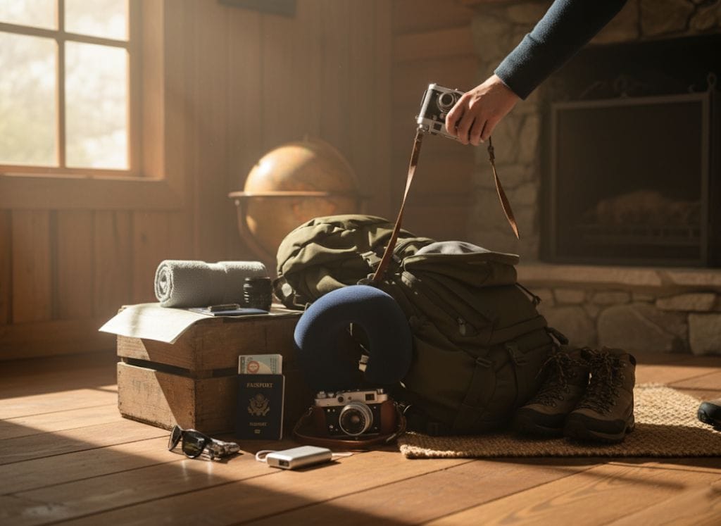 travel-luggage-trip-scenery-with-travel-items-travel-essentials-backpack-rucksacks-organisers